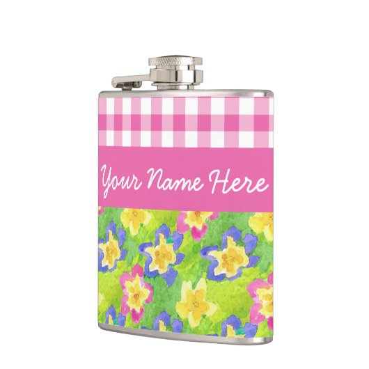 Primroses Hip Flask to Personalize: roze Gingham Heupfles (Links)