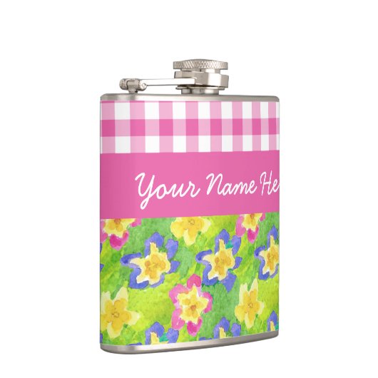 Primroses Hip Flask to Personalize: roze Gingham Heupfles (Rechts)