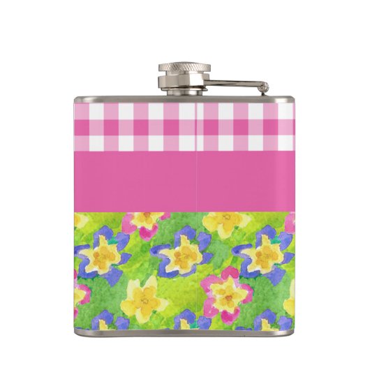 Primroses Hip Flask to Personalize: roze Gingham Heupfles (Achterkant)