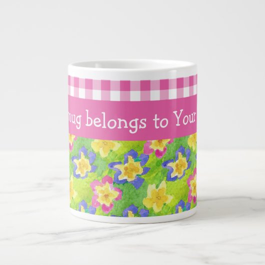 Primroses Jumbo Mok aan Personaliseren: Roze Gingh (Voorkant)
