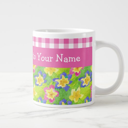 Primroses Jumbo Mok aan Personaliseren: Roze Gingh (Rechts)