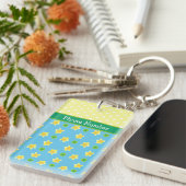 Primroses op blauwe, gele, witte stippen sleutelhanger (Voorkant Rechts)