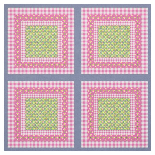 Primroses Roze Blauw Groen Faux Patchwork Patroon Stof (Swatch)