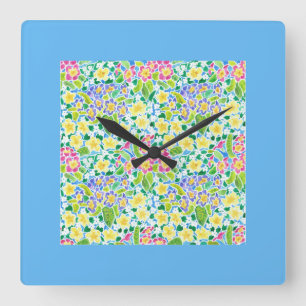 Primroses vierkante wandklok, turquoise rand klok
