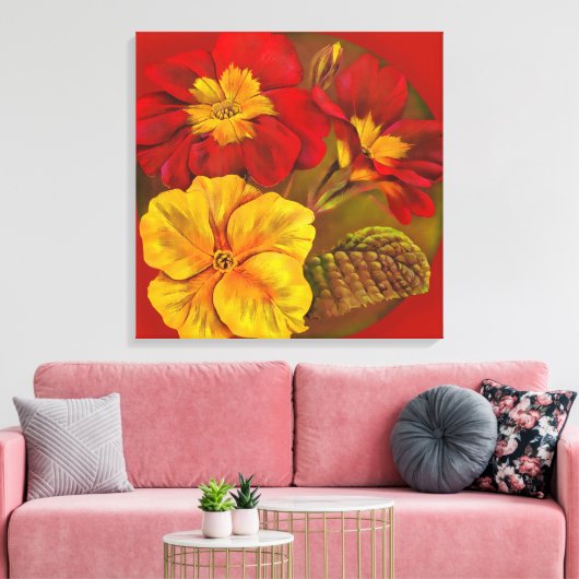 Primula floral red canvas fine art rap print (Insitu (Woonkamer))
