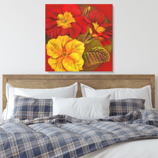 Primula floral red canvas fine art rap print (Insitu (Slaapkamer))
