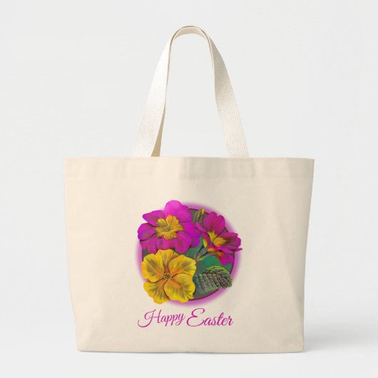 Primula Happy Easter fijne kunsttas Grote Tote Bag (Voorkant)