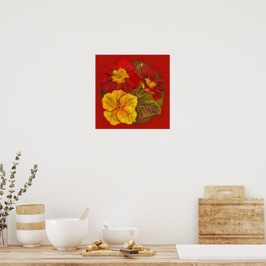 Primula rood en geel botanisch poster met fijne ku (Keuken)