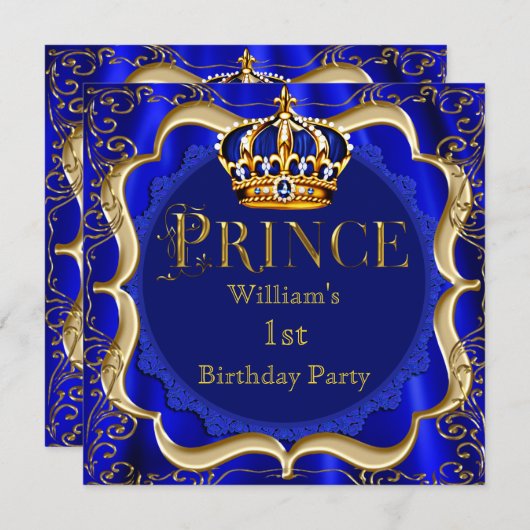 Prince 1st Birthday Boy Royal Blue Crown A Kaart (Voorkant / Achterkant)
