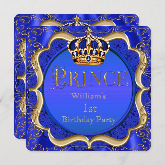 Prince 1st Birthday Boy Royal Blue Crown A Kaart (Voorkant / Achterkant)
