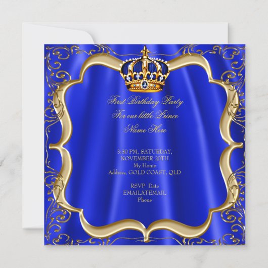 Prince 1st Birthday Boy Royal Blue Crown B Kaart (Achterkant)