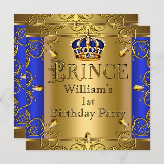 Prince 1st Birthday Boy Royal Blue Crown Kaart (Voorkant / Achterkant)