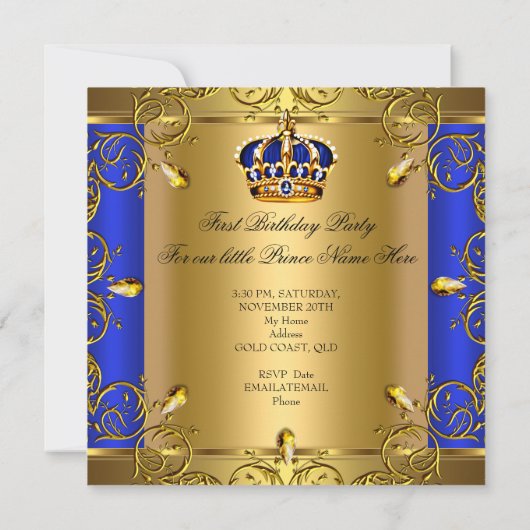 Prince 1st Birthday Boy Royal Blue Crown Kaart (Achterkant)