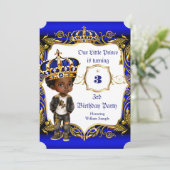 Prince 3rd Birthday party Blue Gold Crown Ethnic Kaart (Staand voorkant)