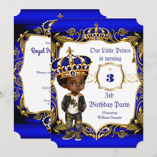 Prince 3rd Birthday party Blue Gold Crown Ethnic Kaart (Voorkant / Achterkant)