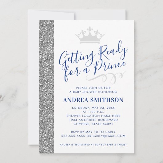 Prince Baby Boy Shower Invitation Modern Silver Kaart (Voorkant)