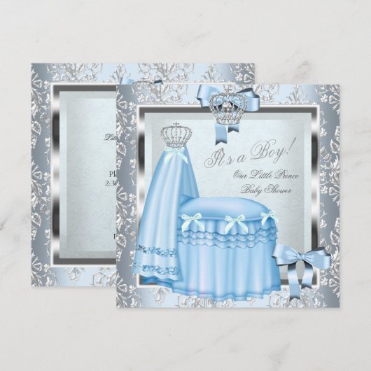 Prince Baby shower Baby Boy Blue Damask Crown 4F Kaart (Voorkant / Achterkant)