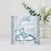 Prince Baby shower Baby Boy Blue Damask Shoe 4E Kaart (Staand voorkant)