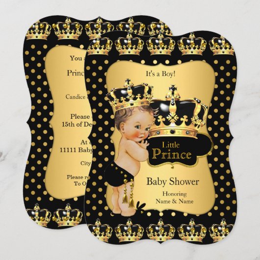 Prince Baby shower Black Gold Polka Dot Brunette Kaart (Voorkant / Achterkant)