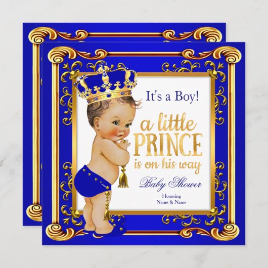 Prince Baby shower Blue Crown Brunette Boy Kaart (Voorkant / Achterkant)