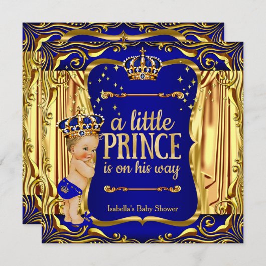 Prince Baby shower Blue Gold Blonde Invite Kaart (Voorkant / Achterkant)