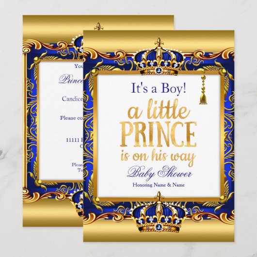 Prince Baby shower Blue  Gold Boy Kaart (Voorkant / Achterkant)