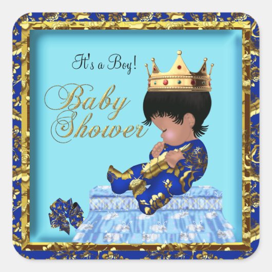 Prince Baby shower Blue Gold Boy Vierkante Sticker (Voorkant)