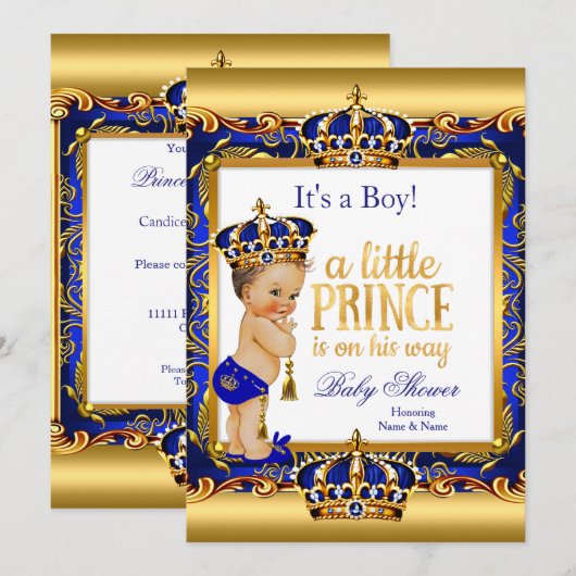 Prince Baby shower Blue  Gold Brunette Boy Kaart (Voorkant / Achterkant)