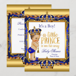 Prince Baby shower Blue Gold Brunette Boy Kaart