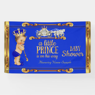 Prince Baby shower Blue Gold Carriage Brunette Boy Spandoek