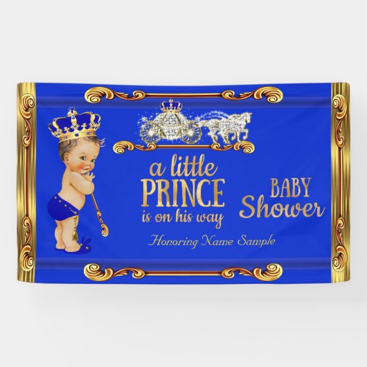 Prince Baby shower Blue Gold Carriage Brunette Boy Spandoek (Horizontaal)