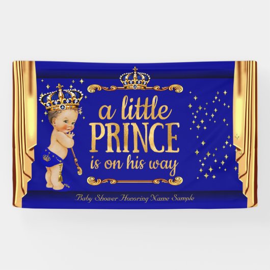 Prince Baby shower Blue Gold Drapes Brunette Boy Spandoek (Horizontaal)