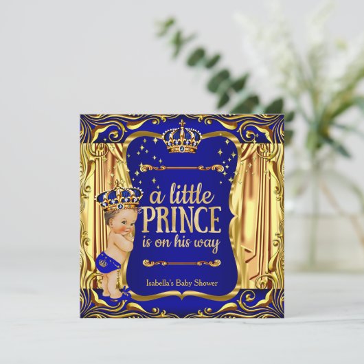 Prince Baby shower Blue Gold Prince Brunette Boy Kaart (Staand voorkant)