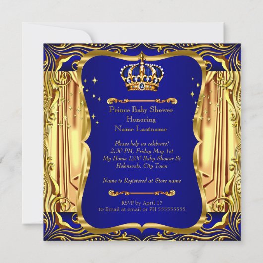 Prince Baby shower Blue Gold Prince Brunette Boy Kaart (Achterkant)