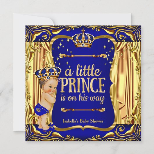 Prince Baby shower Blue Gold Prince Brunette Boy Kaart (Voorkant)
