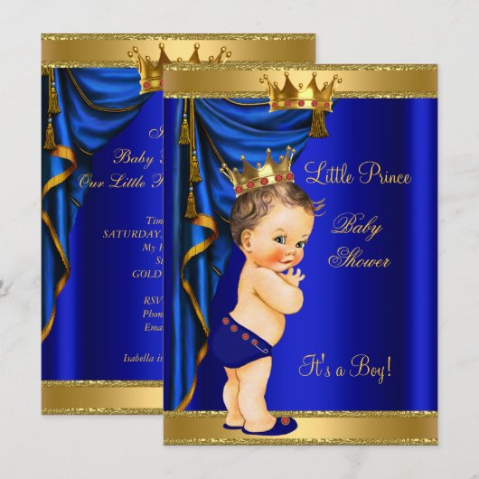 Prince Baby shower Blue Gold Red Brunette Kaart (Voorkant / Achterkant)