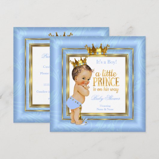 Prince Baby shower Blue White Gold Crown Brunette Kaart (Voorkant / Achterkant)