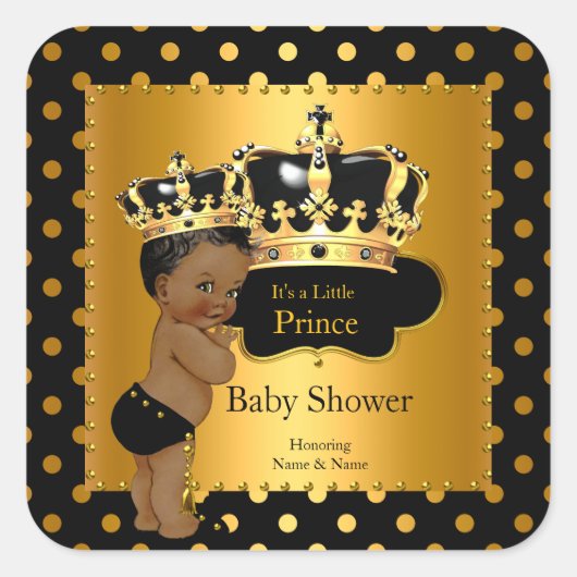 Prince Baby shower Boy Black Gold Ethnic Vierkante Sticker (Voorkant)