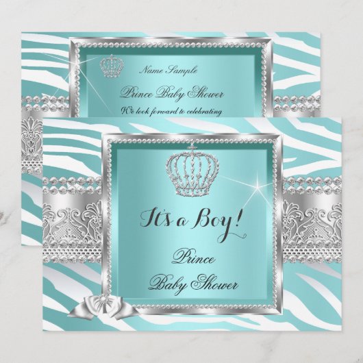 Prince Baby shower Boy Blauwgroen Blue Mint Zebra Kaart (Voorkant / Achterkant)