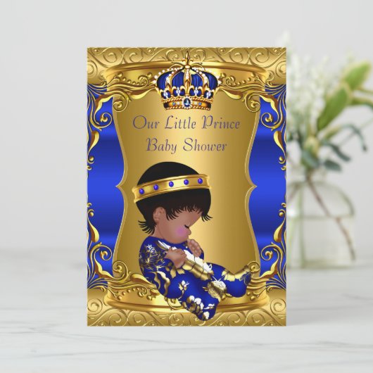 Prince Baby shower Boy Blue Gold African American Kaart (Staand voorkant)
