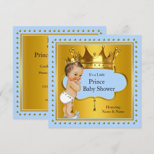 Prince Baby shower Boy Blue Gold Crown Brunette Kaart (Voorkant / Achterkant)