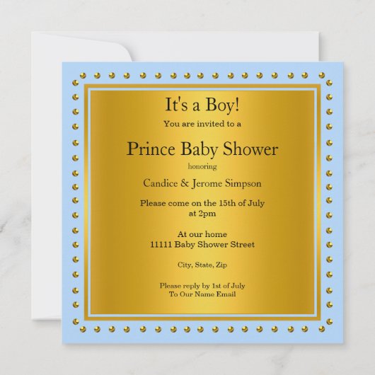 Prince Baby shower Boy Blue Gold Crown Brunette Kaart (Achterkant)