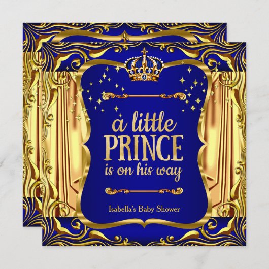 Prince Baby shower Boy Blue Gold Uitnodiging (Voorkant / Achterkant)