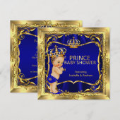 Prince Baby shower Boy Blue Gold Uitnodiging (Voorkant / Achterkant)