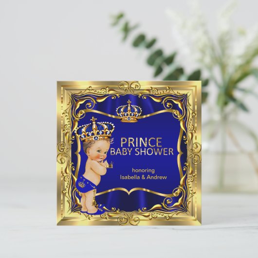 Prince Baby shower Boy Blue Gold Uitnodiging (Staand voorkant)