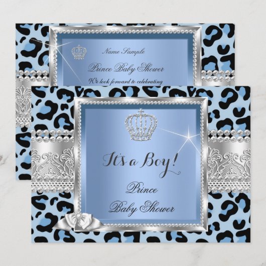 Prince Baby shower Boy Blue Gray Leopard Kaart (Voorkant / Achterkant)