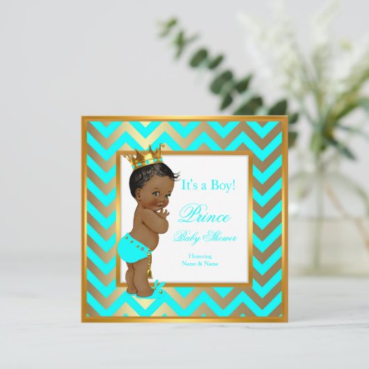 Prince Baby shower Boy Gold Blauwgroen Blue Ethnic Kaart (Staand voorkant)