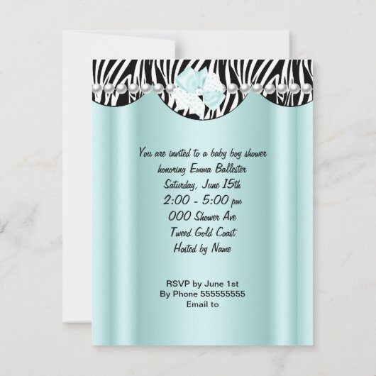 Prince Baby shower Boy Mint Blauwgroen Blue Zebra Kaart (Achterkant)