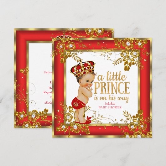 Prince Baby shower Boy Red Gold White Brunette Kaart (Voorkant / Achterkant)