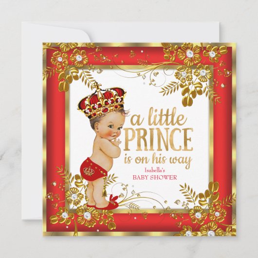 Prince Baby shower Boy Red Gold White Brunette Kaart (Voorkant)